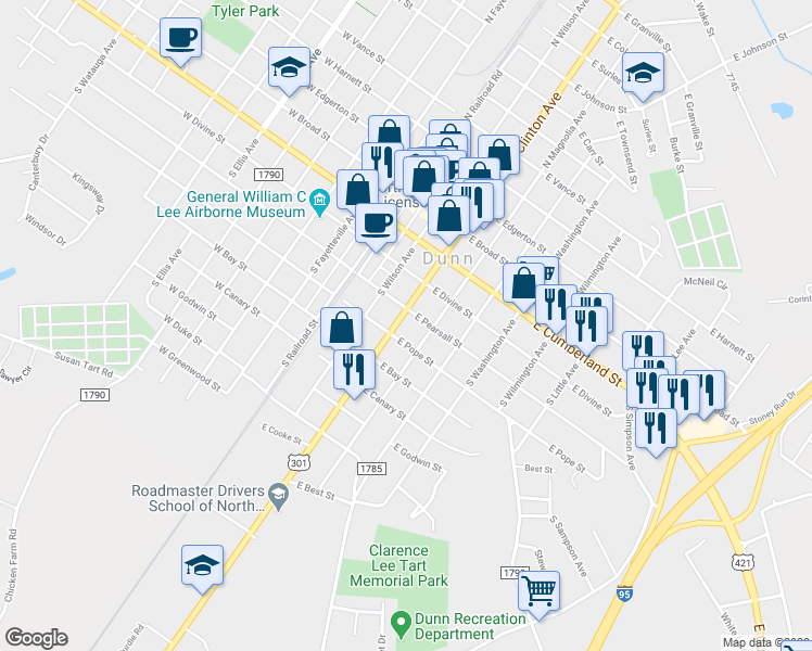 map of restaurants, bars, coffee shops, grocery stores, and more near 405 South Clinton Avenue in Dunn