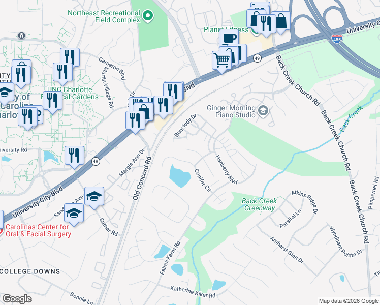 map of restaurants, bars, coffee shops, grocery stores, and more near 1822 Olsen Lane in Charlotte