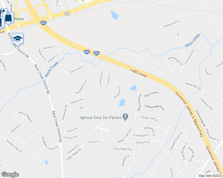 map of restaurants, bars, coffee shops, grocery stores, and more near 10810 Hellebore Road in Charlotte