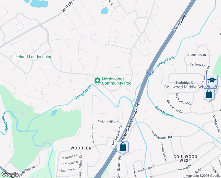 map of restaurants, bars, coffee shops, grocery stores, and more near 10104 Northwoods Forest Drive in Charlotte