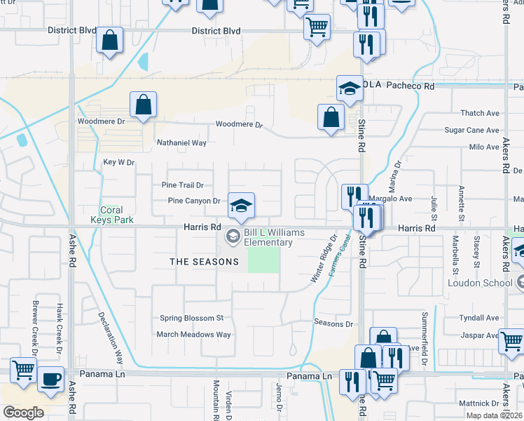 map of restaurants, bars, coffee shops, grocery stores, and more near 5306 Summer Cypress Drive in Bakersfield