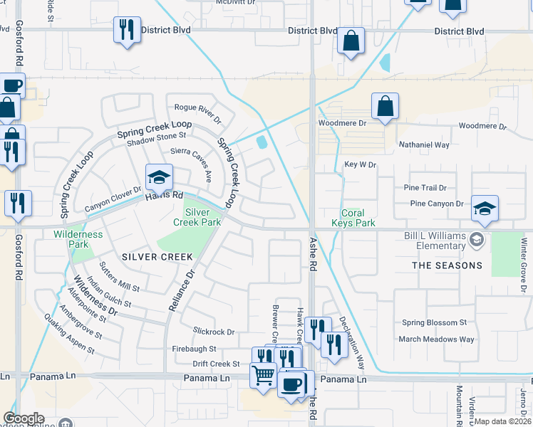 map of restaurants, bars, coffee shops, grocery stores, and more near 6804 Stardust Way in Bakersfield