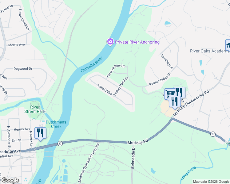 map of restaurants, bars, coffee shops, grocery stores, and more near 11616 Tribal Drive in Charlotte