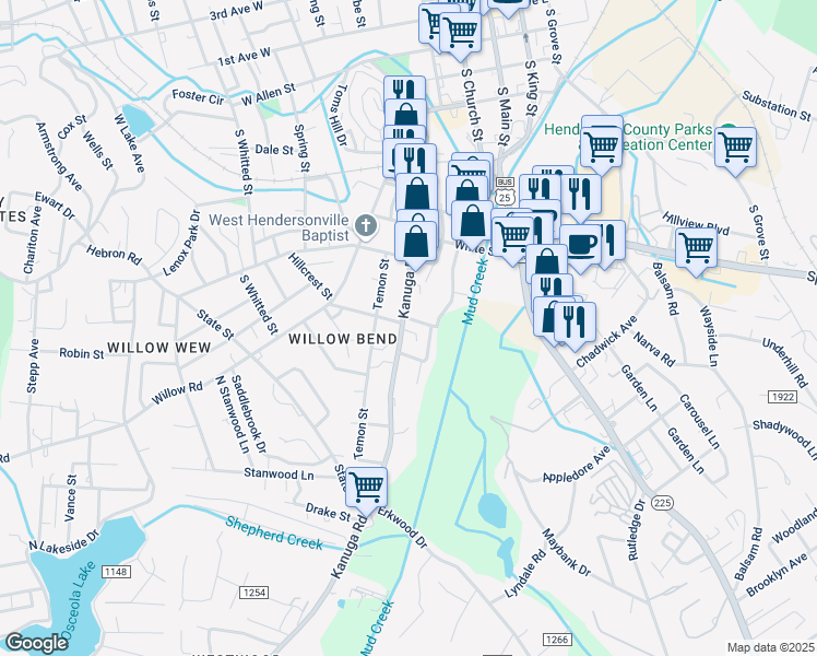 map of restaurants, bars, coffee shops, grocery stores, and more near 316 Huff Street in Hendersonville