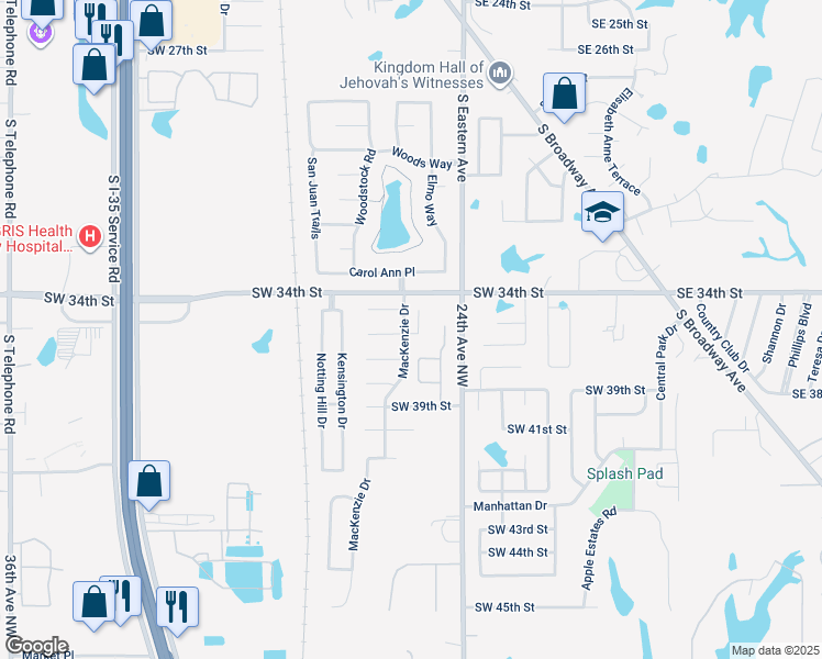 map of restaurants, bars, coffee shops, grocery stores, and more near 3523 Brittany Court in Moore
