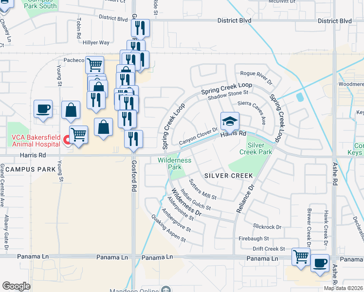 map of restaurants, bars, coffee shops, grocery stores, and more near 7705 Canyon Clover Drive in Bakersfield
