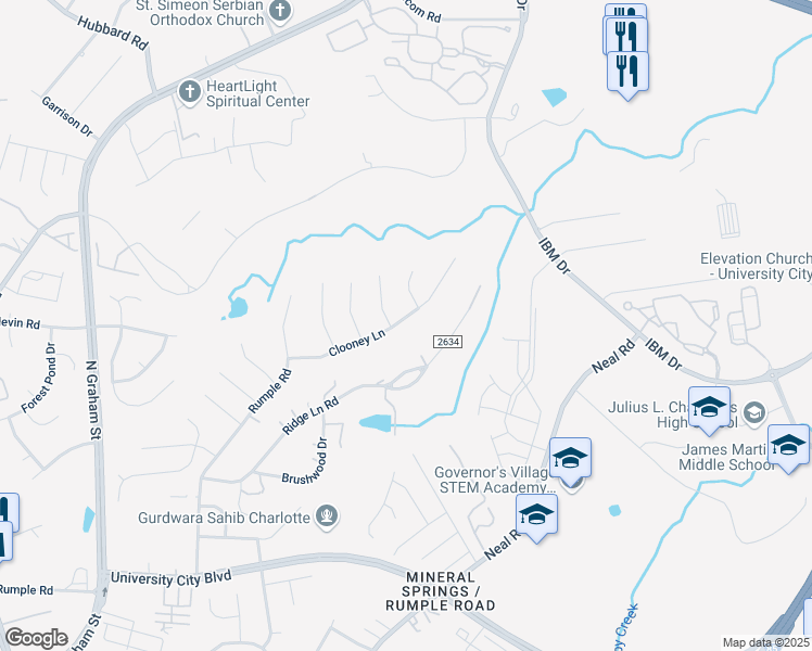 map of restaurants, bars, coffee shops, grocery stores, and more near 1513 Clooney Lane in Charlotte
