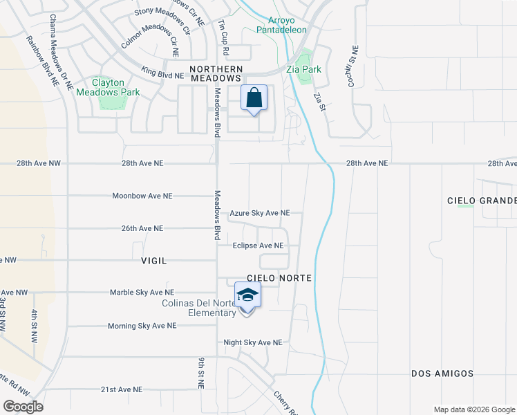 map of restaurants, bars, coffee shops, grocery stores, and more near 2800 Big Sky Drive Northeast in Rio Rancho