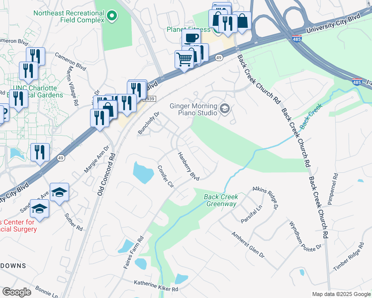 map of restaurants, bars, coffee shops, grocery stores, and more near 10835 Derryrush Drive in Charlotte