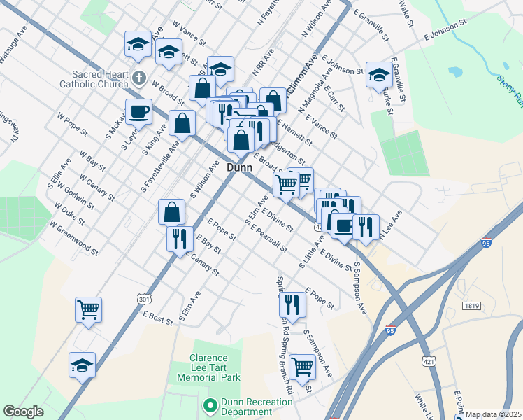 map of restaurants, bars, coffee shops, grocery stores, and more near 301 South Elm Avenue in Dunn