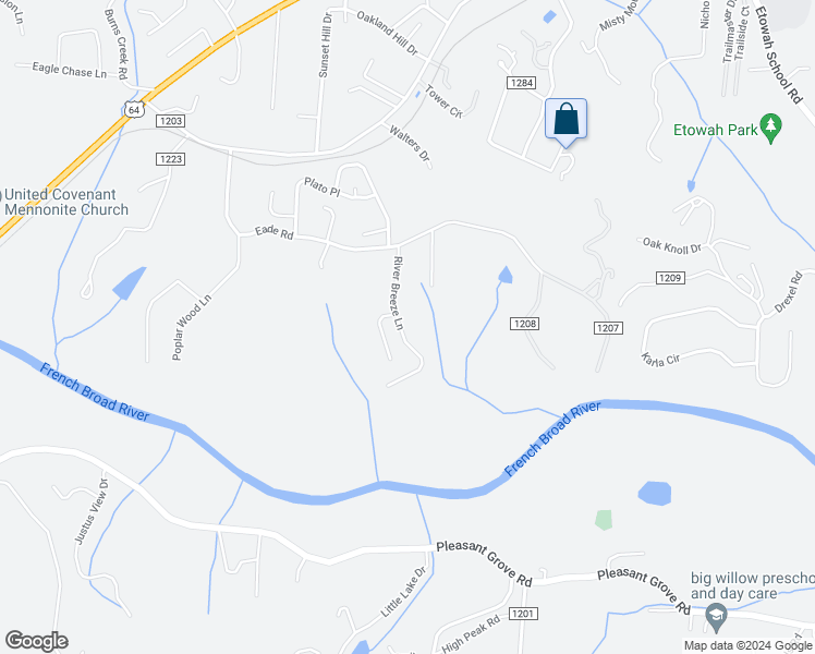 map of restaurants, bars, coffee shops, grocery stores, and more near 189 River Breeze Lane in Etowah