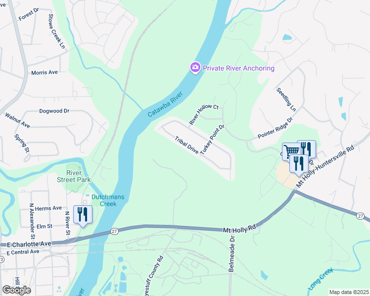 map of restaurants, bars, coffee shops, grocery stores, and more near 11643 Tribal Drive in Charlotte