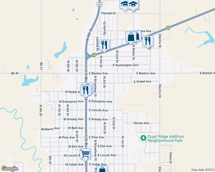map of restaurants, bars, coffee shops, grocery stores, and more near 1207 North 3rd Street in Sayre