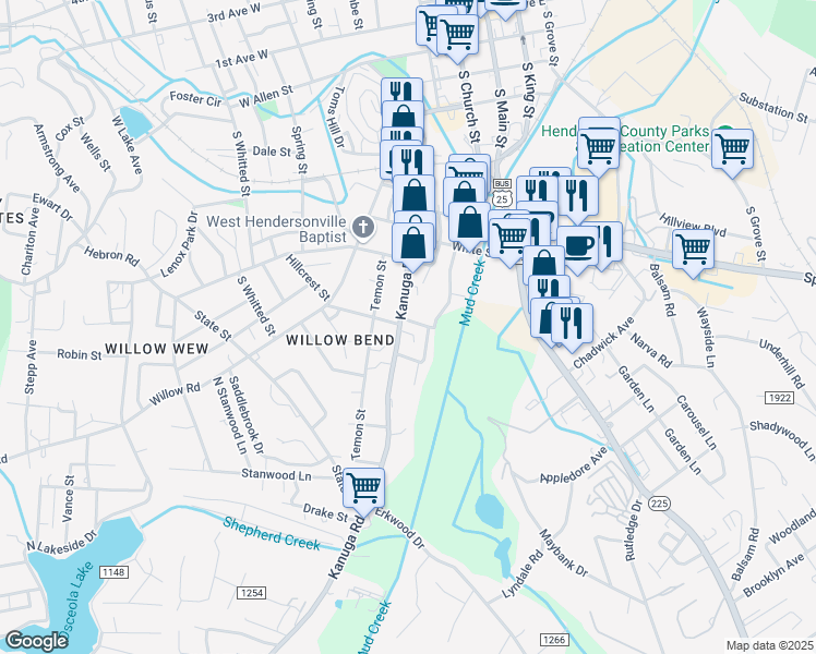 map of restaurants, bars, coffee shops, grocery stores, and more near 320 Huff Street in Hendersonville