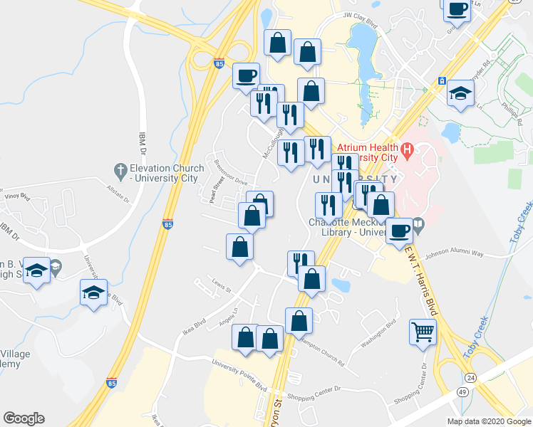 map of restaurants, bars, coffee shops, grocery stores, and more near 8318 Hitchcock Lane in Charlotte