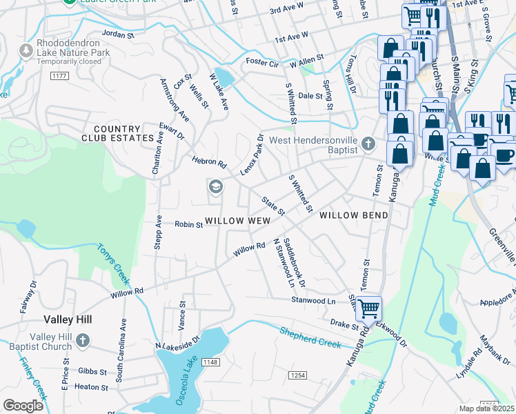 map of restaurants, bars, coffee shops, grocery stores, and more near 110 Hall Street in Hendersonville