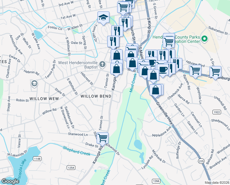 map of restaurants, bars, coffee shops, grocery stores, and more near 316 Huff Street in Hendersonville