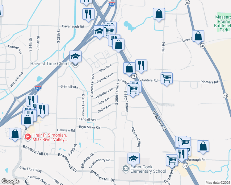 map of restaurants, bars, coffee shops, grocery stores, and more near 8500 South 36th Terrace in Fort Smith