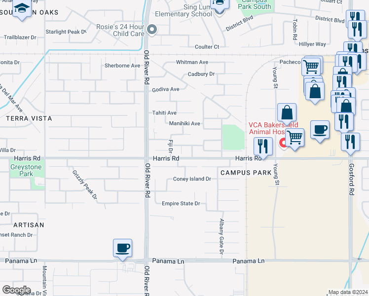 map of restaurants, bars, coffee shops, grocery stores, and more near 5602 Maldives Way in Bakersfield