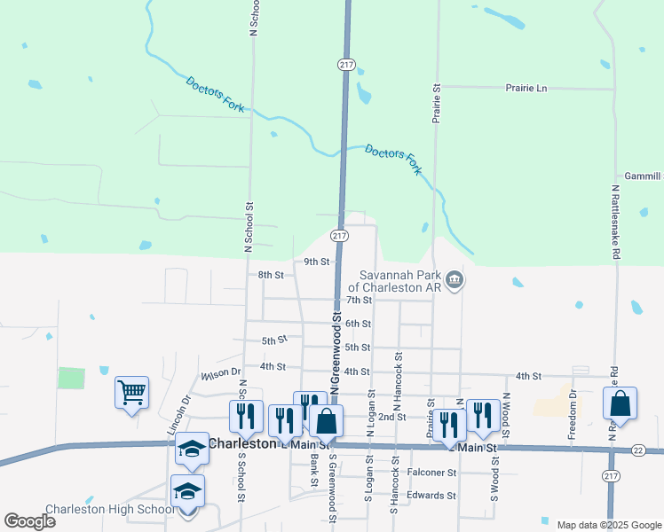 map of restaurants, bars, coffee shops, grocery stores, and more near 715 North Greenwood Street in Charleston