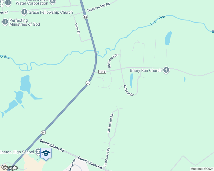 map of restaurants, bars, coffee shops, grocery stores, and more near 2036 Briarwood Drive in Kinston