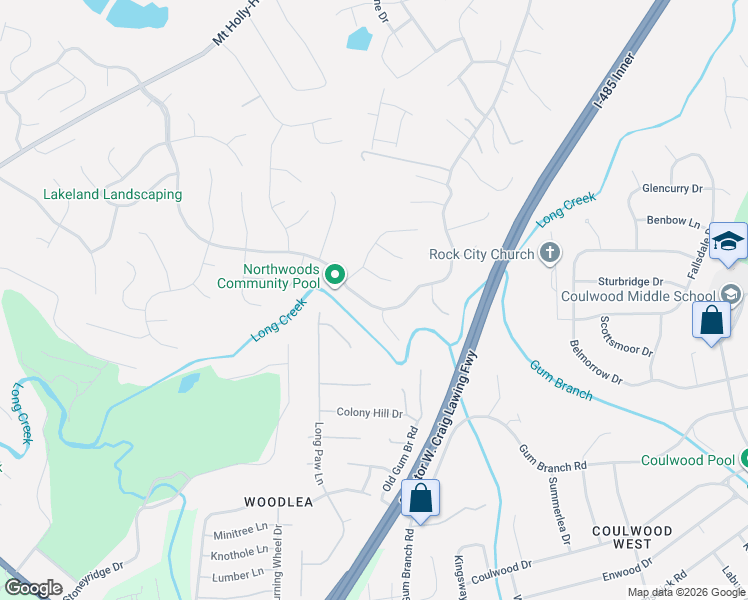 map of restaurants, bars, coffee shops, grocery stores, and more near 10104 Northwoods Forest Drive in Charlotte
