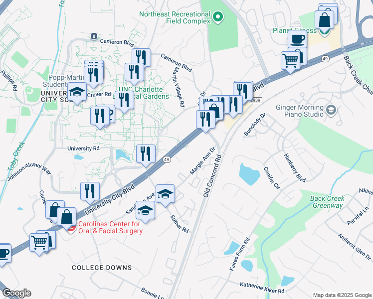 map of restaurants, bars, coffee shops, grocery stores, and more near 1205 University Walk Circle in Charlotte