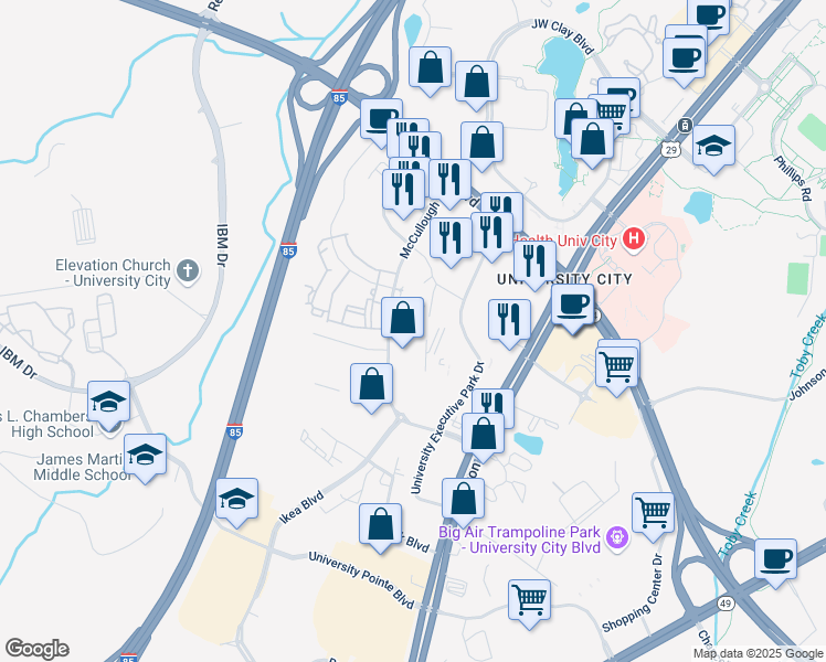 map of restaurants, bars, coffee shops, grocery stores, and more near 8318 Hitchcock Lane in Charlotte
