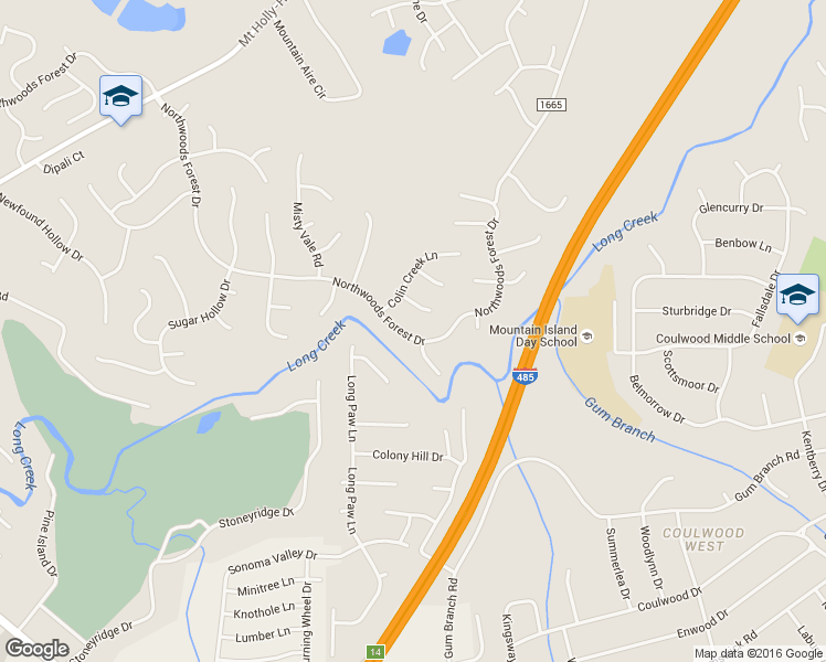 map of restaurants, bars, coffee shops, grocery stores, and more near 10104 Northwoods Forest Drive in Charlotte