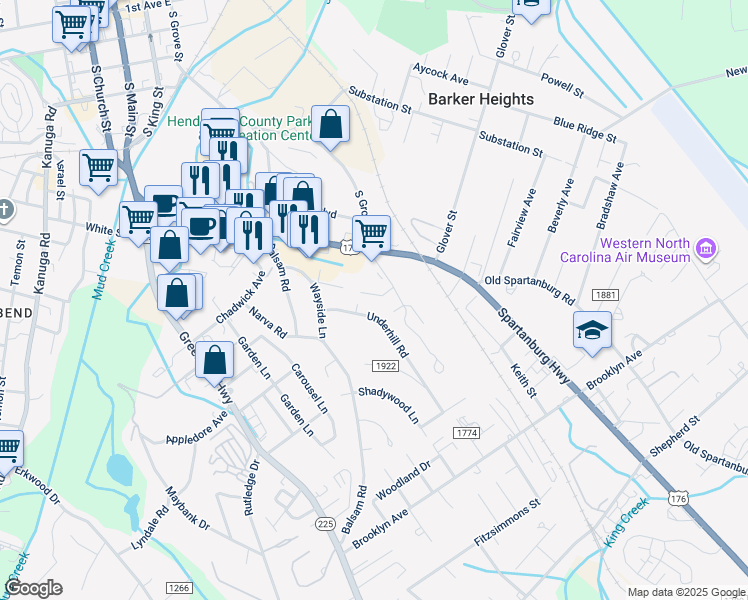 map of restaurants, bars, coffee shops, grocery stores, and more near 67 Underhill Road in Hendersonville