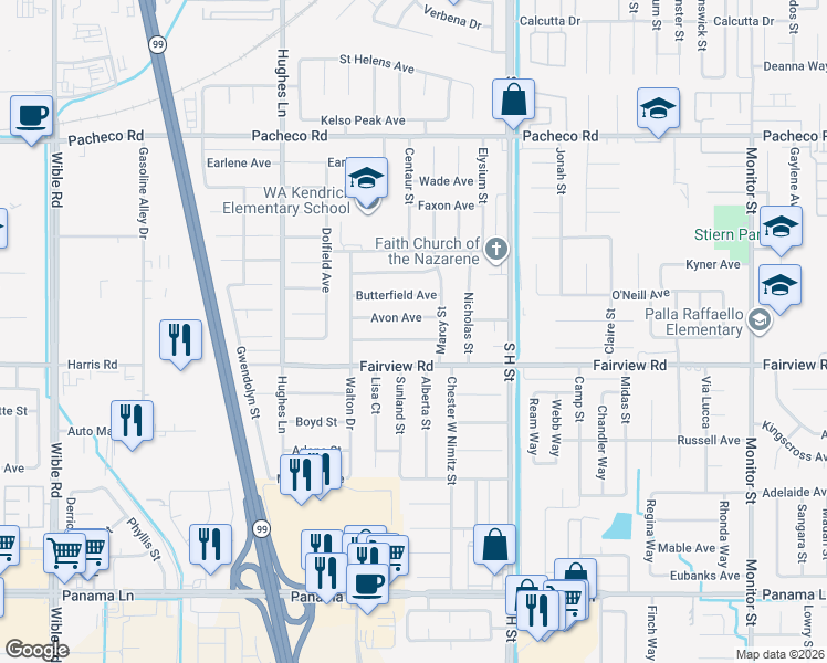map of restaurants, bars, coffee shops, grocery stores, and more near 2004 Springfield Avenue in Bakersfield