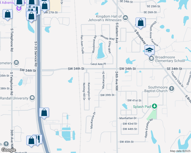 map of restaurants, bars, coffee shops, grocery stores, and more near 919 Southwest 36th Street in Moore