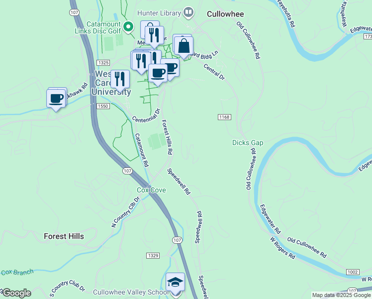 map of restaurants, bars, coffee shops, grocery stores, and more near 285 Cullowhee Heights Road in Cullowhee