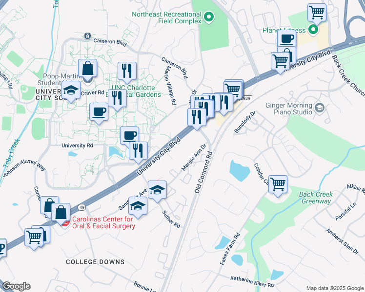 map of restaurants, bars, coffee shops, grocery stores, and more near 1205 University Walk Circle in Charlotte