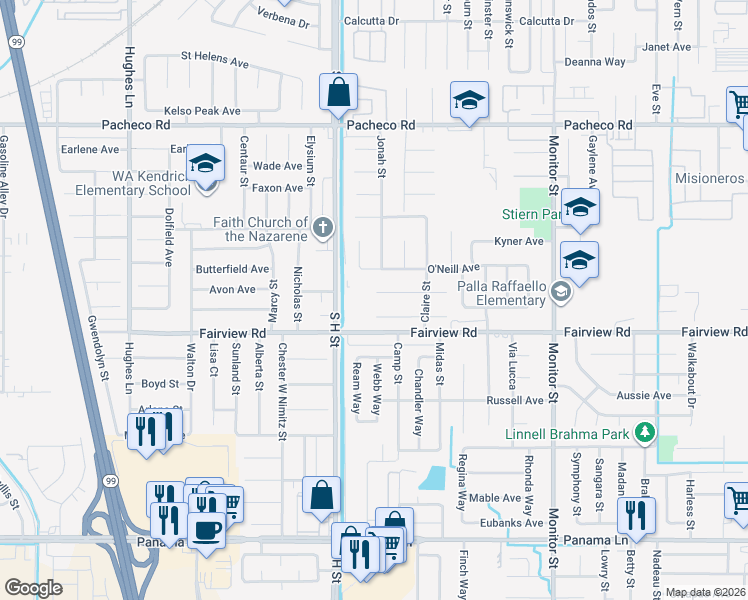 map of restaurants, bars, coffee shops, grocery stores, and more near 1508 Canyon Court in Bakersfield
