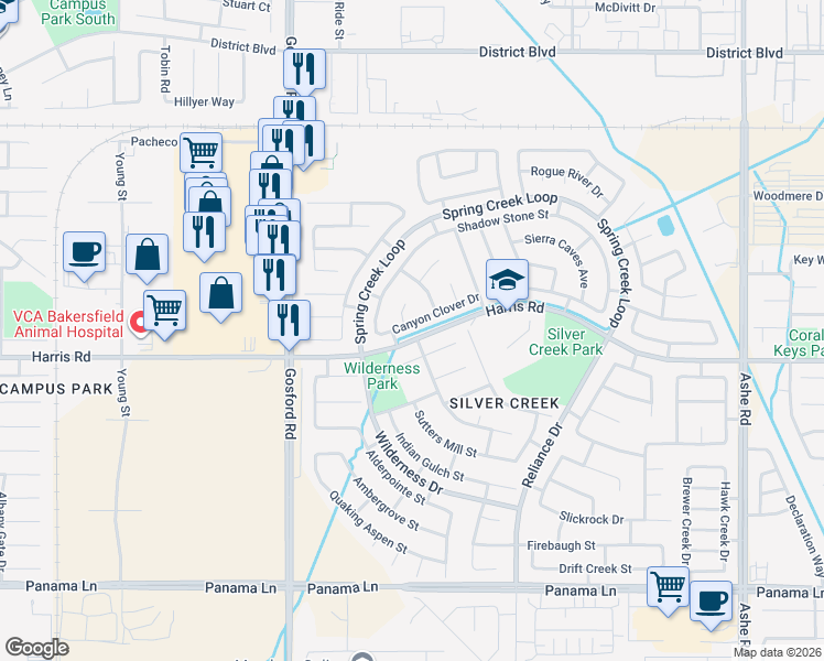 map of restaurants, bars, coffee shops, grocery stores, and more near 7705 Canyon Clover Drive in Bakersfield
