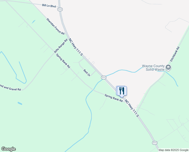 map of restaurants, bars, coffee shops, grocery stores, and more near 103 Bett Drive in Goldsboro