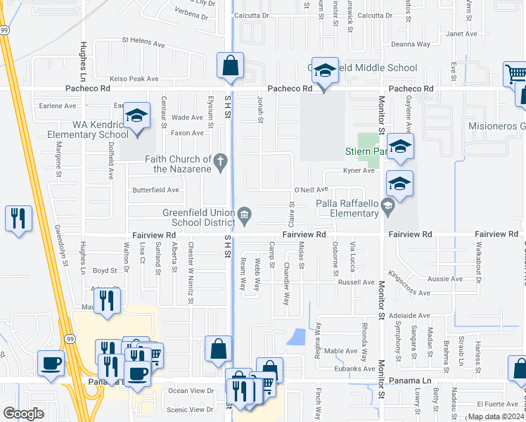 map of restaurants, bars, coffee shops, grocery stores, and more near 1513 Santiago Court in Bakersfield