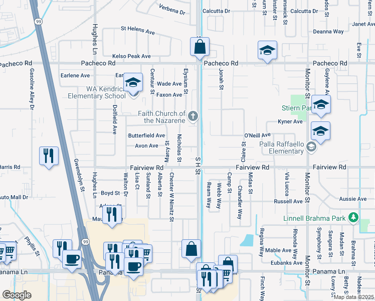 map of restaurants, bars, coffee shops, grocery stores, and more near 5517 Ramona Court in Bakersfield