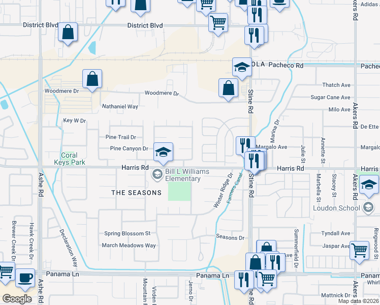 map of restaurants, bars, coffee shops, grocery stores, and more near 5306 Summer Cypress Drive in Bakersfield