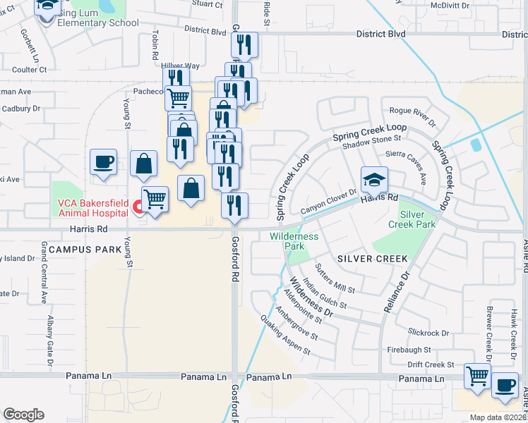 map of restaurants, bars, coffee shops, grocery stores, and more near 8000 Cold Springs Court in Bakersfield