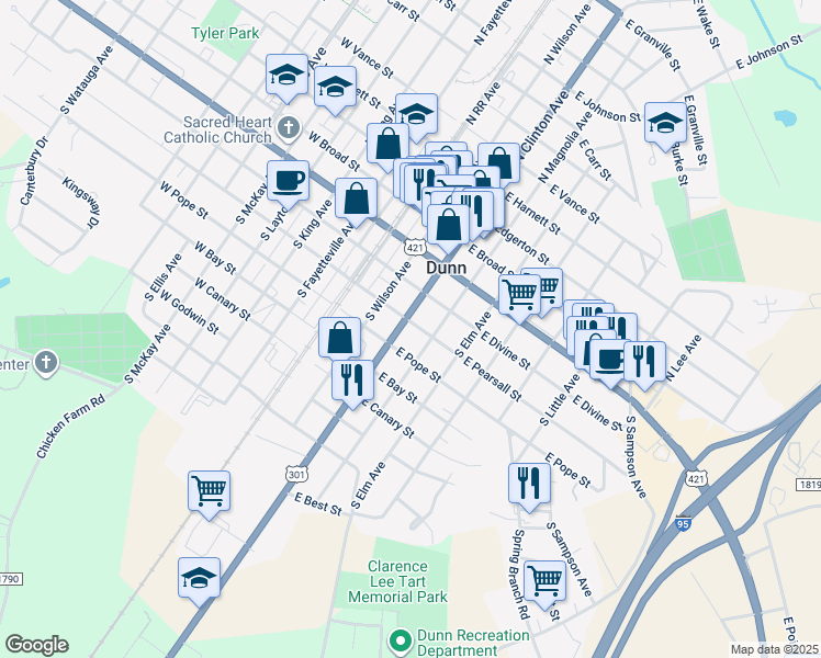 map of restaurants, bars, coffee shops, grocery stores, and more near 405 South Clinton Avenue in Dunn