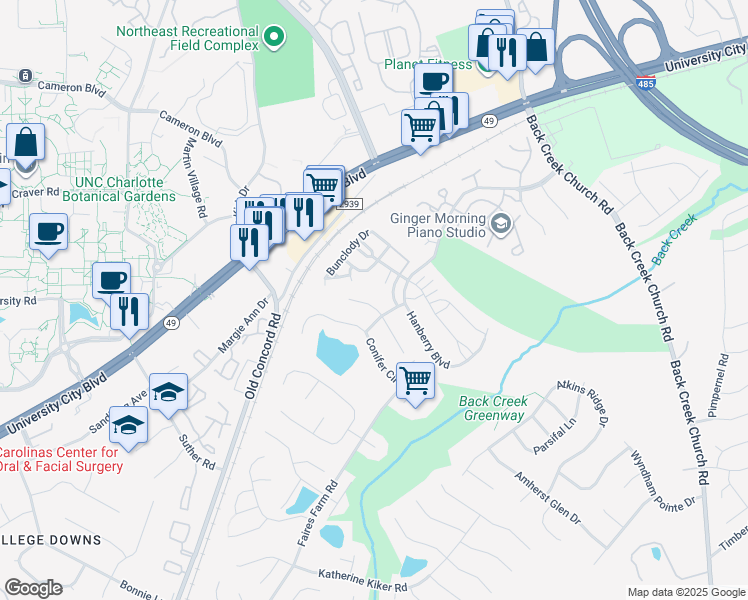 map of restaurants, bars, coffee shops, grocery stores, and more near 1822 Olsen Lane in Charlotte