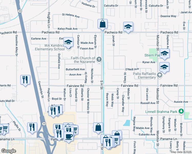 map of restaurants, bars, coffee shops, grocery stores, and more near 5517 Ramona Court in Bakersfield