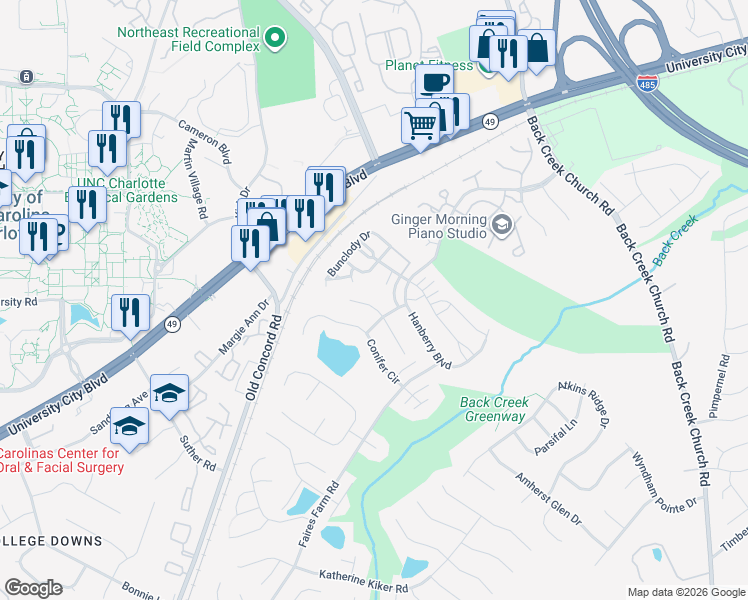map of restaurants, bars, coffee shops, grocery stores, and more near 1822 Olsen Lane in Charlotte