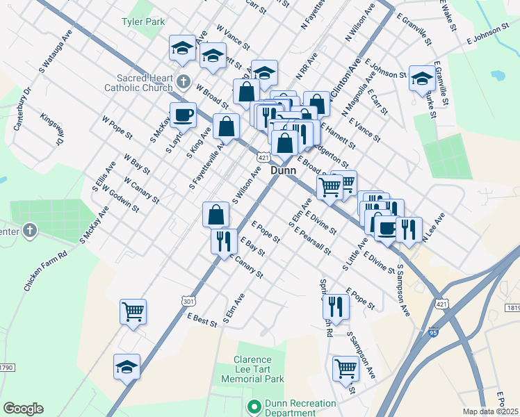 map of restaurants, bars, coffee shops, grocery stores, and more near 401 South Clinton Avenue in Dunn