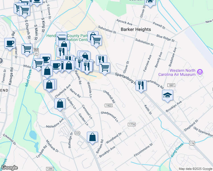 map of restaurants, bars, coffee shops, grocery stores, and more near 2 Charleston Court in Hendersonville