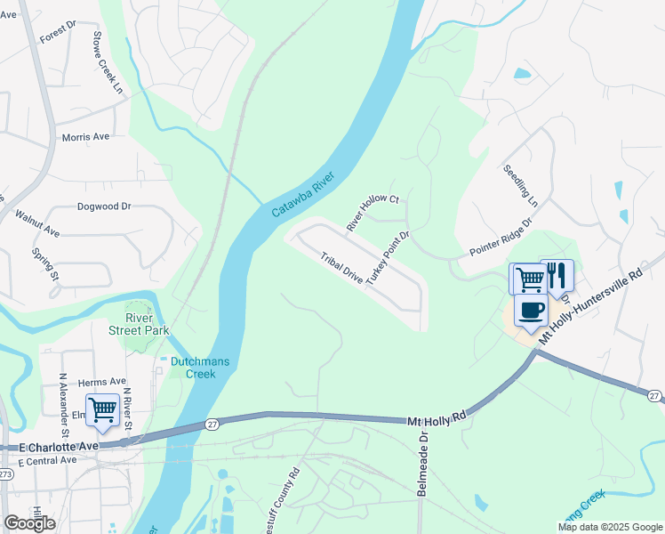 map of restaurants, bars, coffee shops, grocery stores, and more near 11643 Tribal Drive in Charlotte