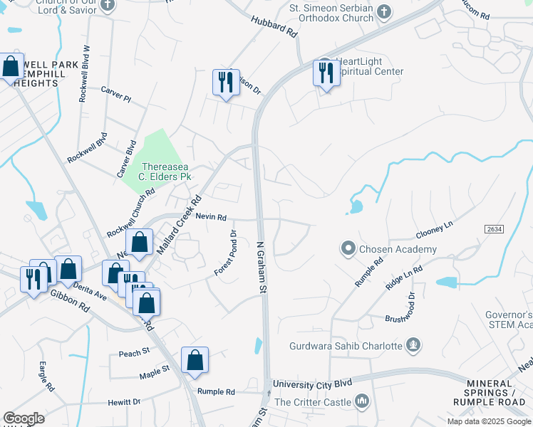 map of restaurants, bars, coffee shops, grocery stores, and more near 6405 Nevin Road in Charlotte