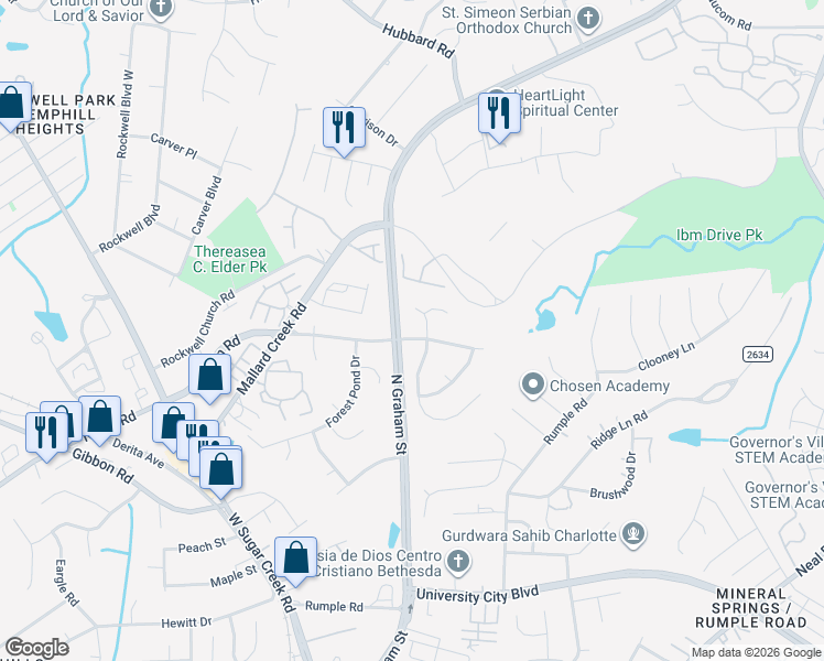 map of restaurants, bars, coffee shops, grocery stores, and more near 6414 Nevin Road in Charlotte